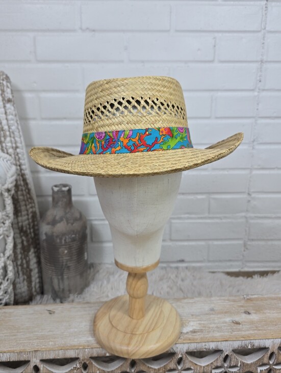 summer club Other - Vintage Summer Club Gambler Straw Sun Hat with Colorful Tropical Band Medium